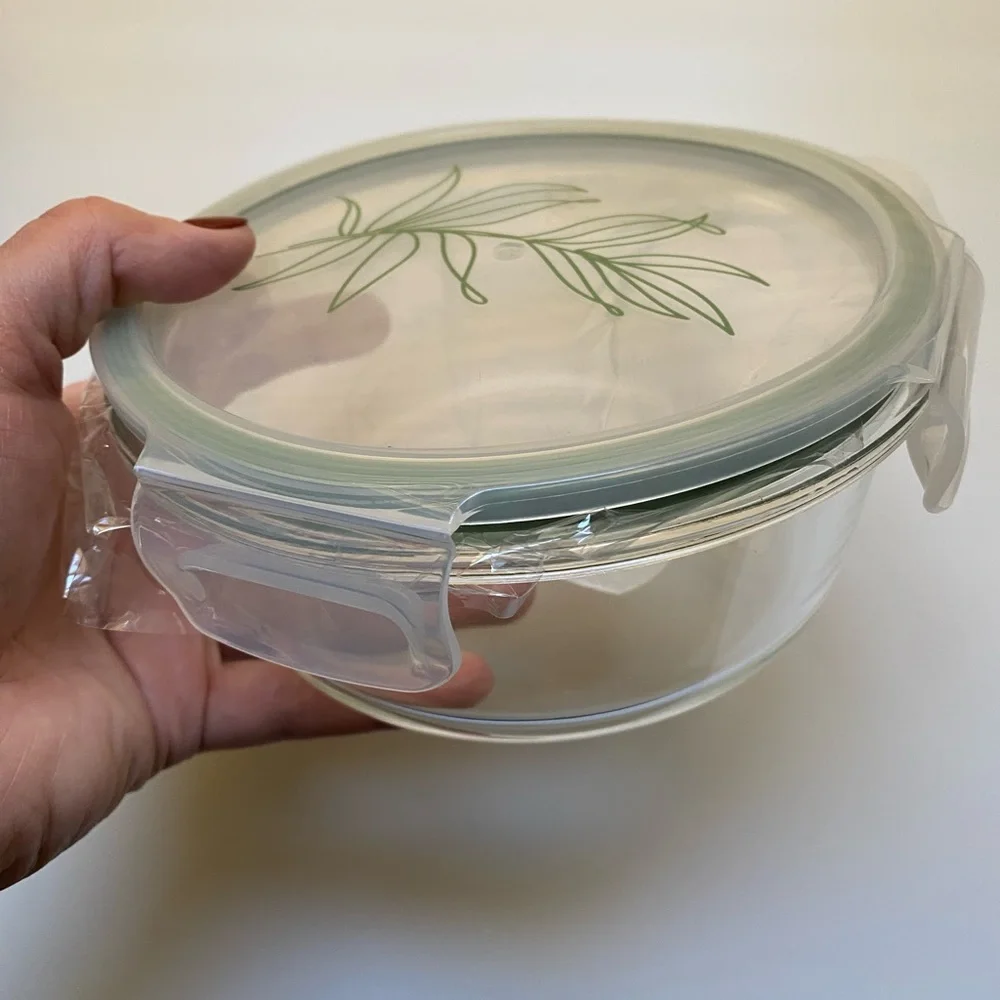 🍃🍃FOOD STORAGE CONTAINER GLASS PLASTIC LID NEW Leaf Motif
